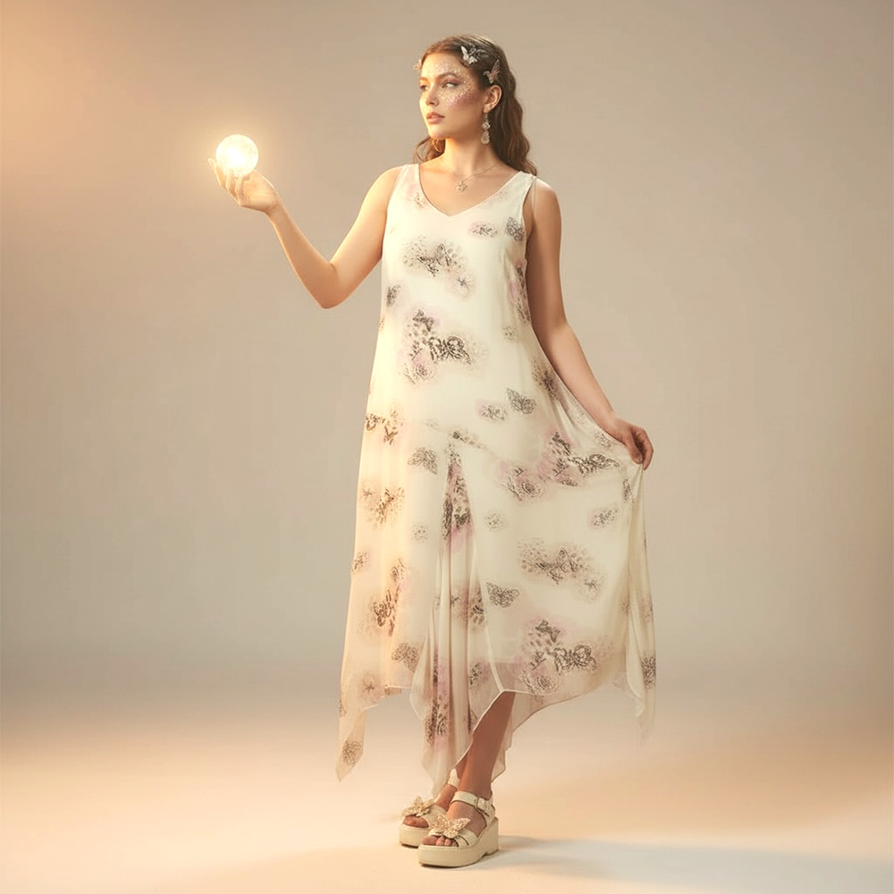 VTG Together Y2K Asymmetric‎ Butterfly Maxi Dress 12 Fairycore Romantic Feminine